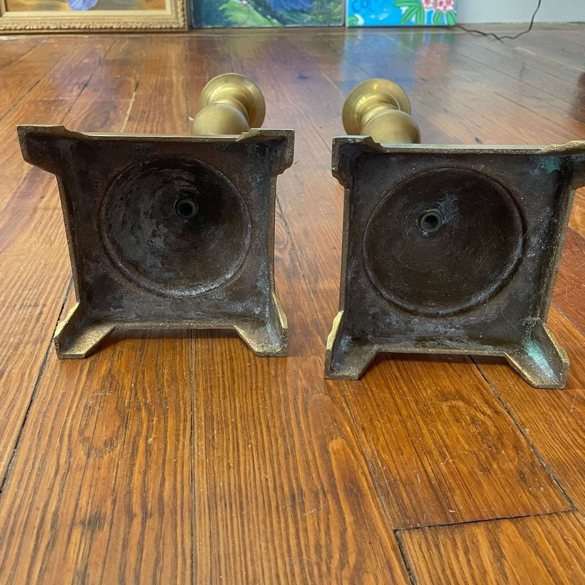 Solid Brass Pedestal Candlesticks, Pair — 18" Turned Baluster, c. Mid - 20th Century - Loom Vintage