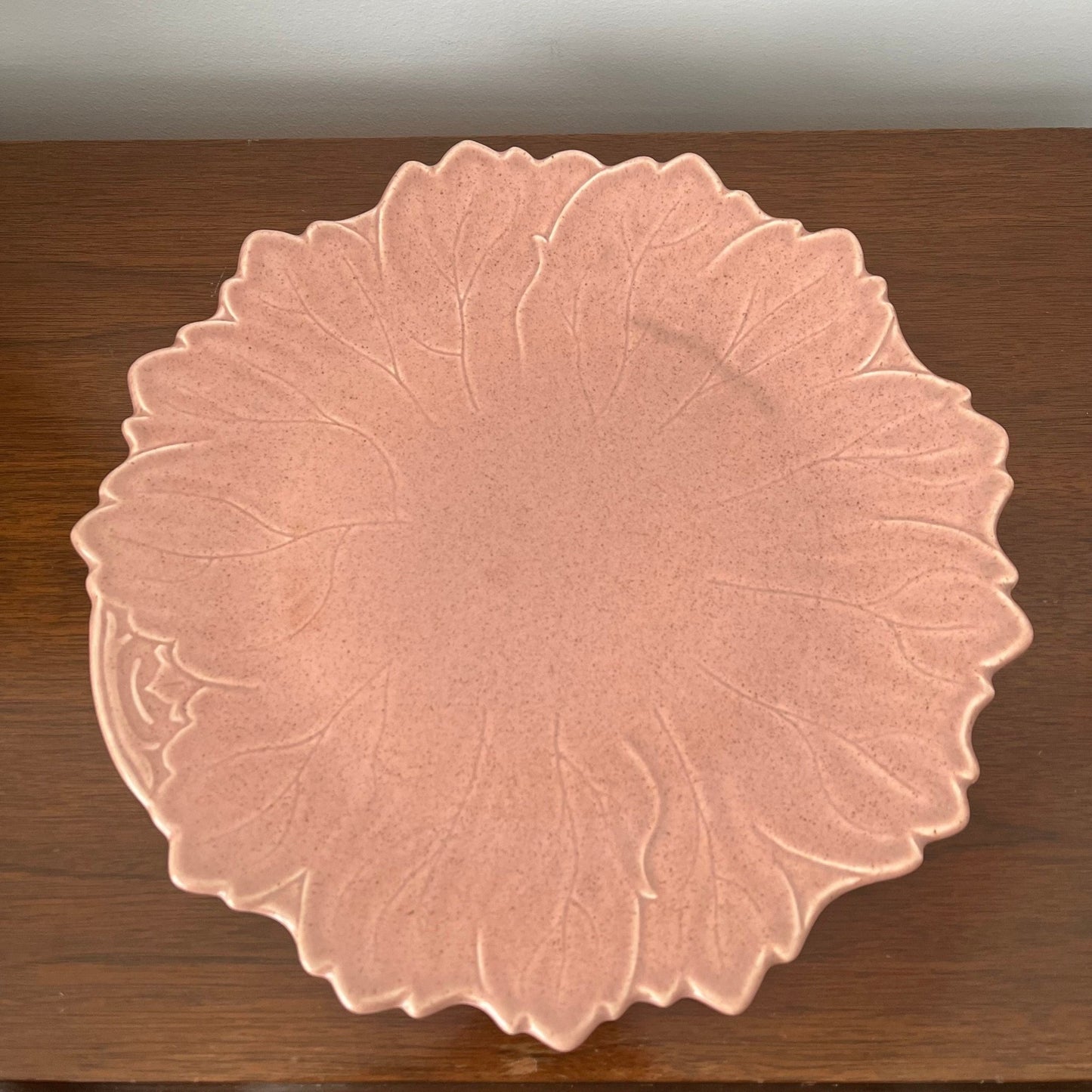 Steubenville Woodfield Leaf Plate — Salmon Pink, 10.5", Made in USA, 1940s - Loom Vintage