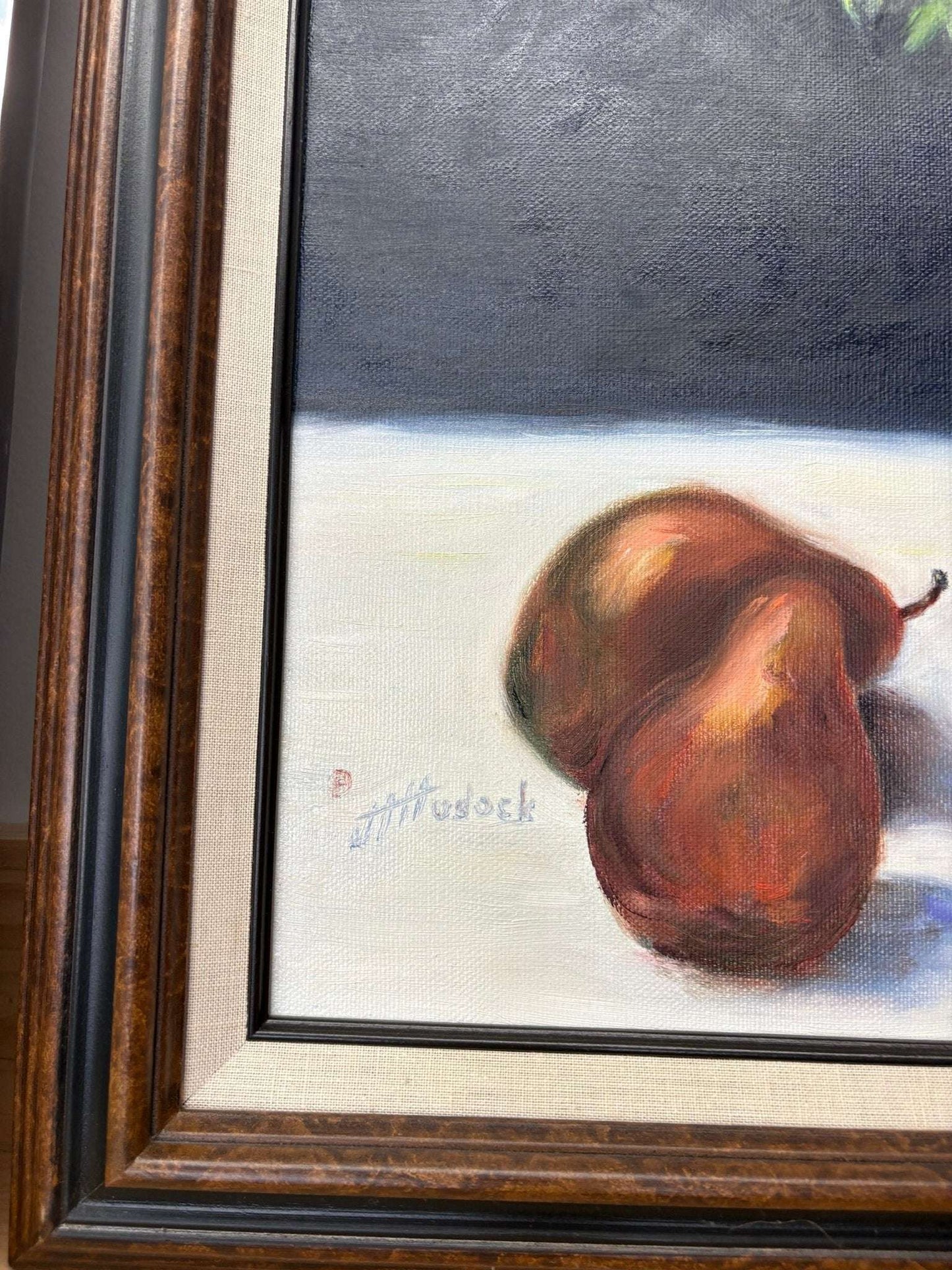Still Life Oil Painting – Vase of Anemones & Pears by J. Hudock - Loom Vintage