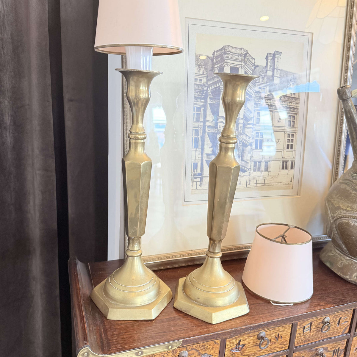Tall Vintage Brass Candlesticks, Pair, Faceted Column and Hexagonal Base, photo 1 of 1