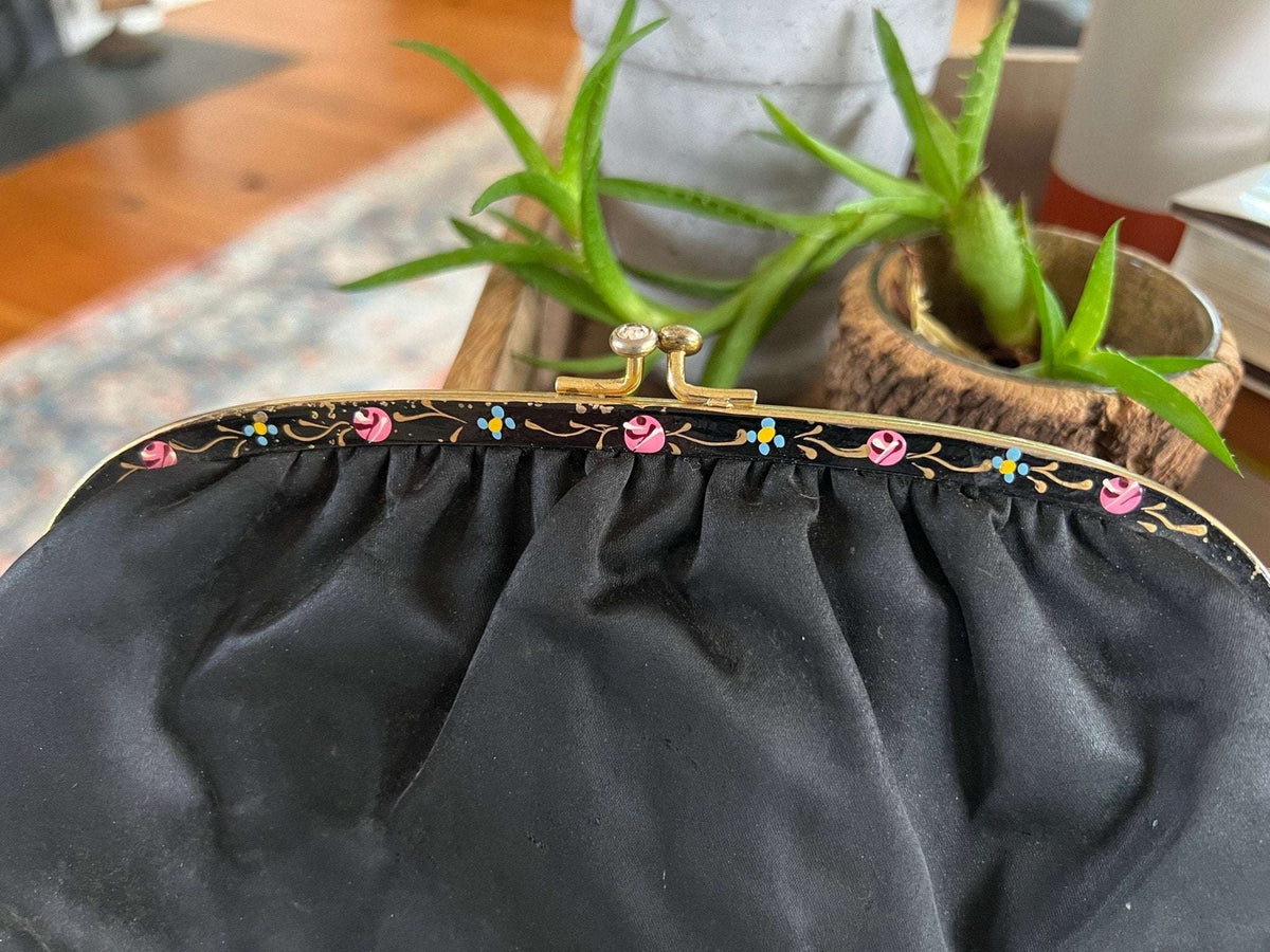 Vintage 1950s - 60s Black Clutch with Coin Purse, Kiss Clasp, Evening Wear, Handbag, Purse, Hand Painted Detailing - Loom Vintage