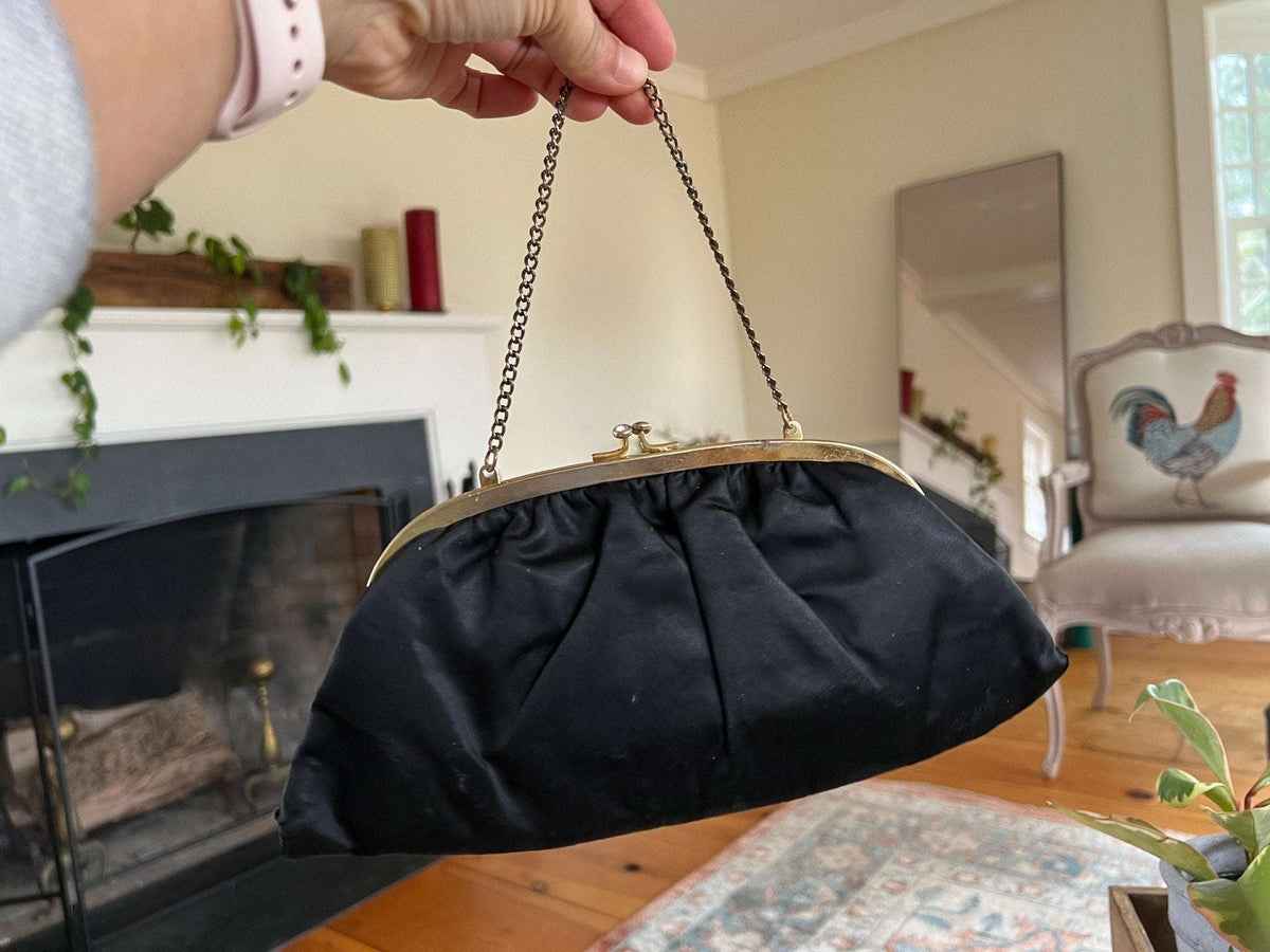 Vintage 1950s - 60s Black Clutch with Coin Purse, Kiss Clasp, Evening Wear, Handbag, Purse, Hand Painted Detailing - Loom Vintage