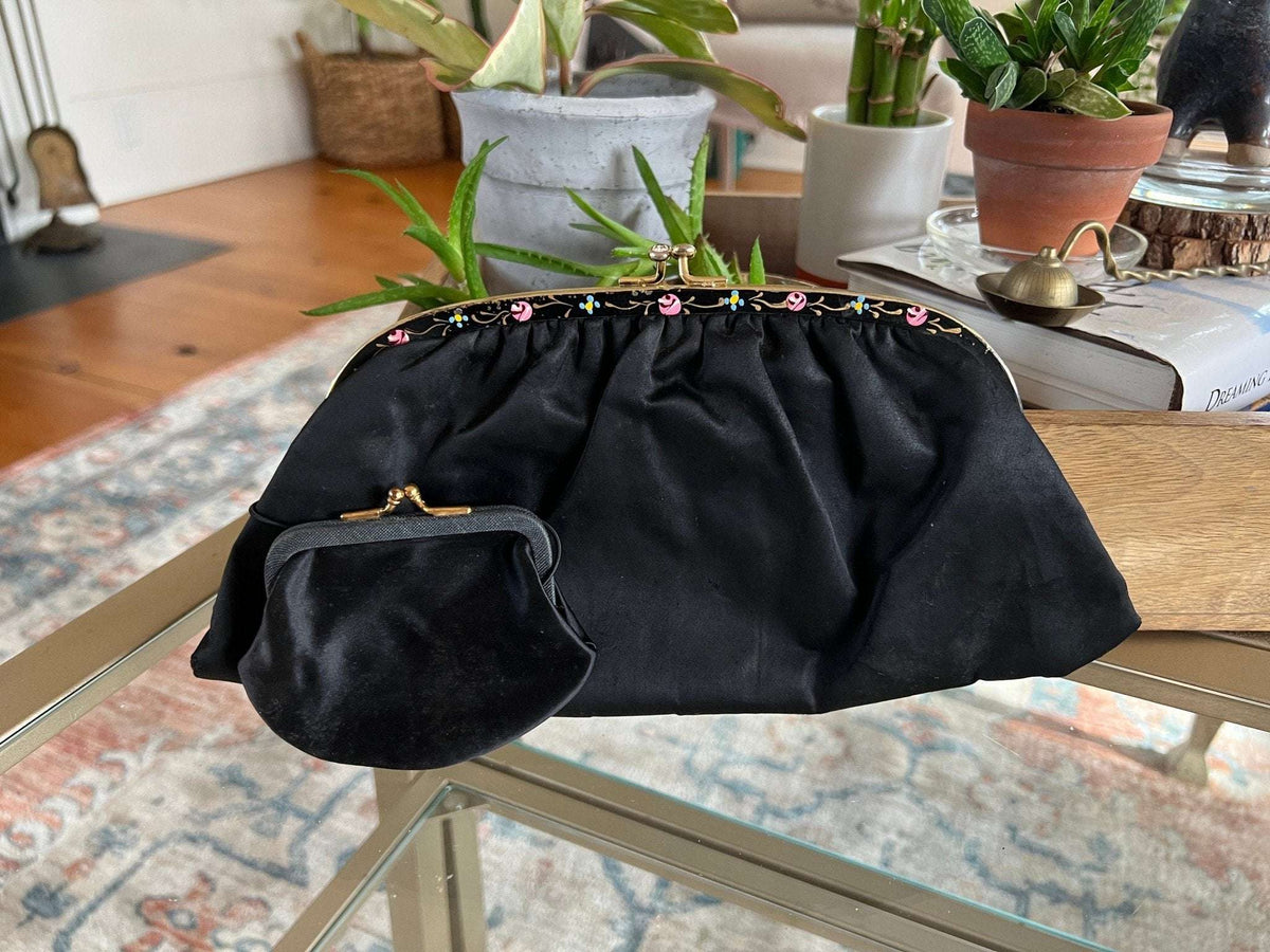 Vintage 1950s - 60s Black Clutch with Coin Purse, Kiss Clasp, Evening Wear, Handbag, Purse, Hand Painted Detailing - Loom Vintage