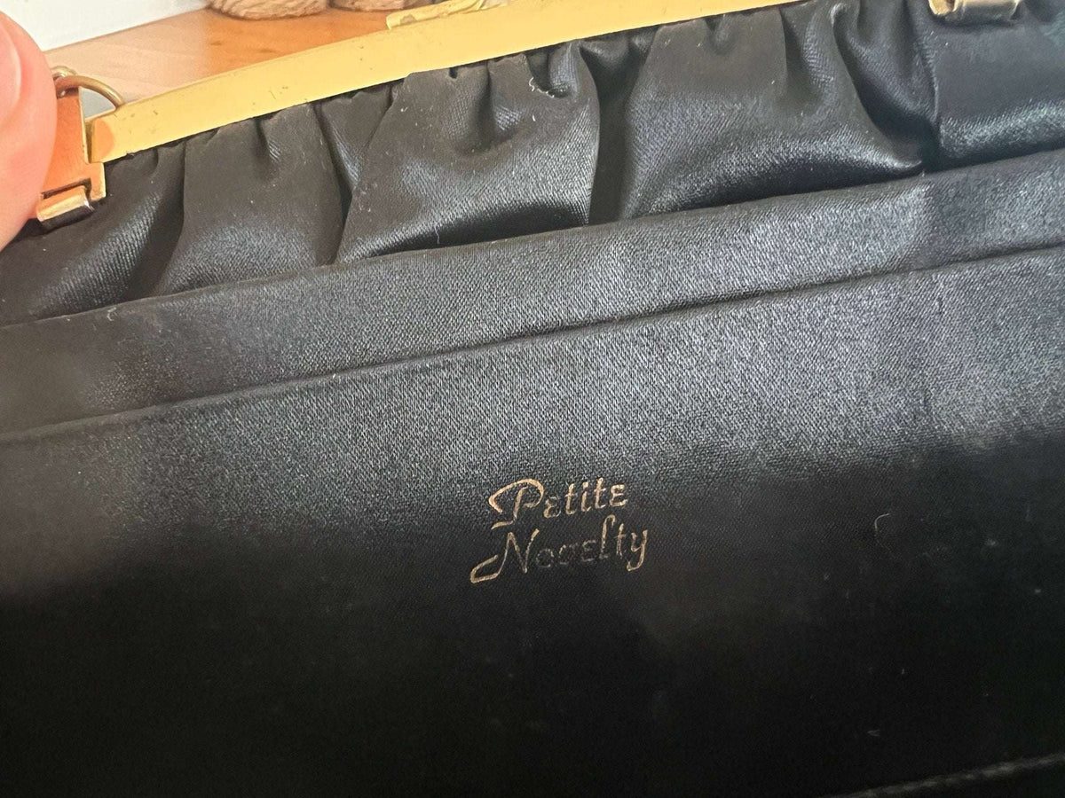 Vintage 1950s - 60s Black Clutch with Coin Purse, Kiss Clasp, Evening Wear, Handbag, Purse, Hand Painted Detailing - Loom Vintage