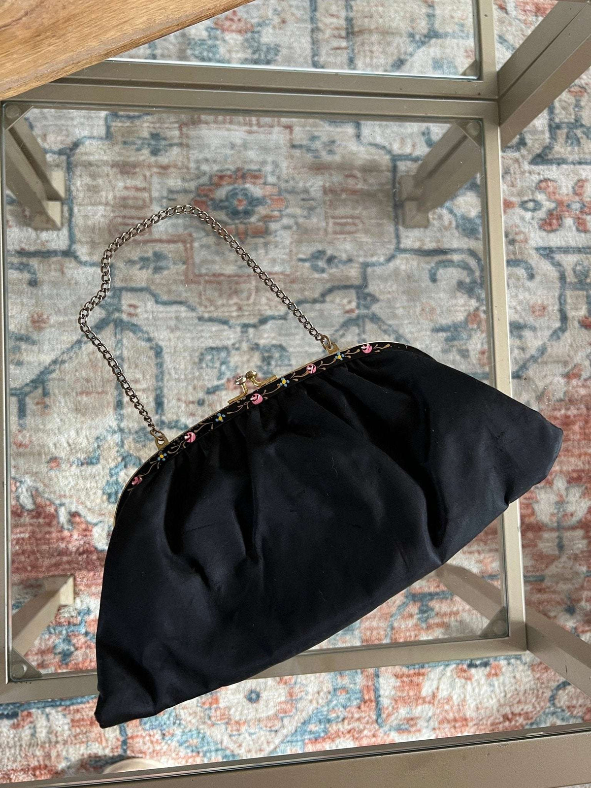 Vintage 1950s - 60s Black Clutch with Coin Purse, Kiss Clasp, Evening Wear, Handbag, Purse, Hand Painted Detailing - Loom Vintage