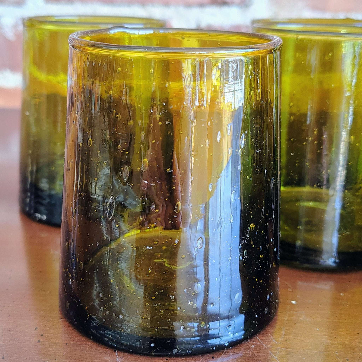 Vintage 1970s olive green hand-blown bubble glass tumblers, set of 6, photo 2 of 6