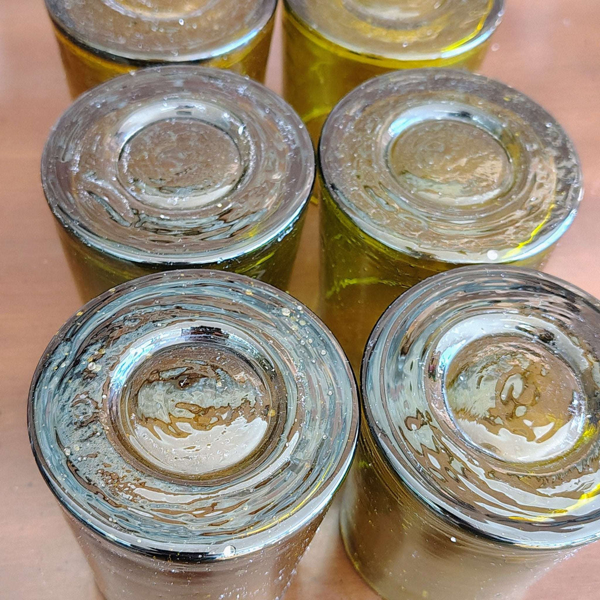 Vintage 1970s olive green hand-blown bubble glass tumblers, set of 6, photo 6 of 6