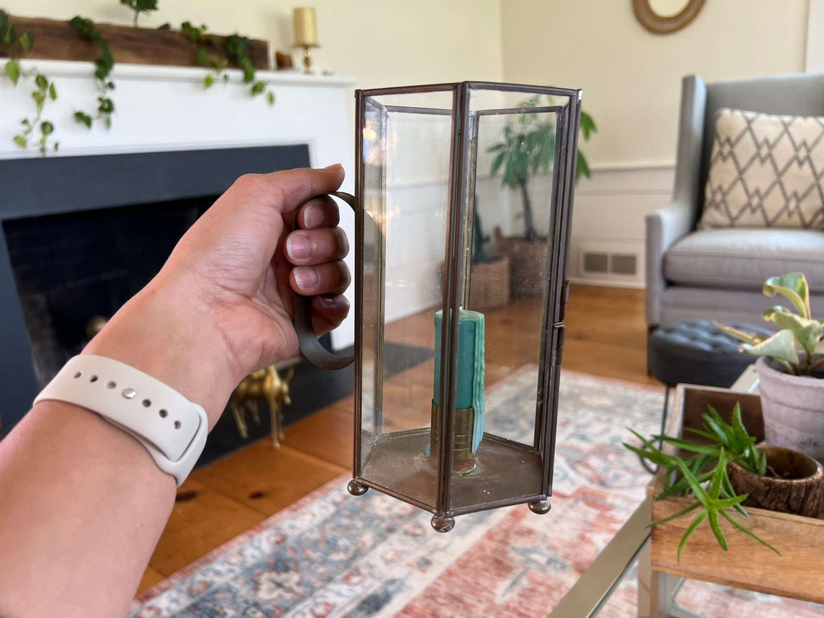 Vintage Brass and Glass Encased Candlestick Lantern with Handle, Brass Candlestick Holder, Footed Candle stick Holder - Loom Vintage