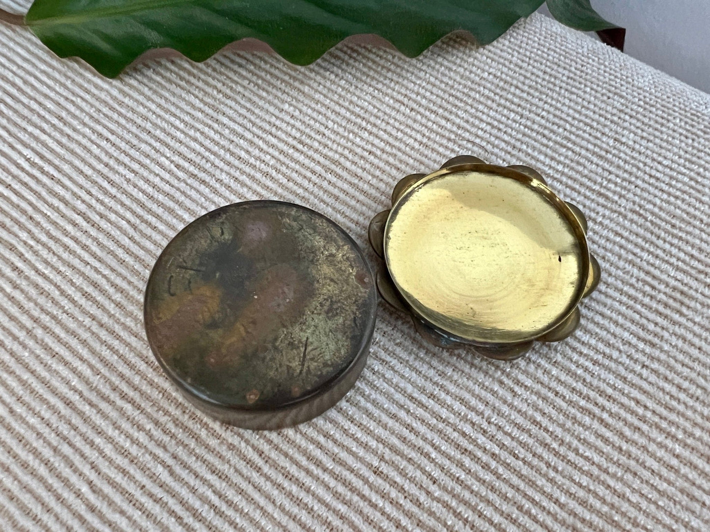Vintage Brass and Mother of Pearl Jewelry Box, Pill Box, Ring Box, Floral Shape - Loom Vintage