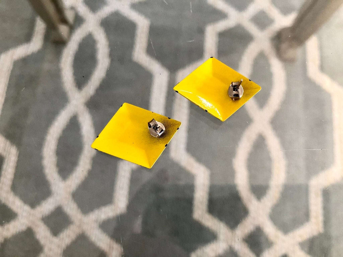 Vintage Bright Yellow with Black Detail Metal Post Earrings, 80s, 90s - Loom Vintage