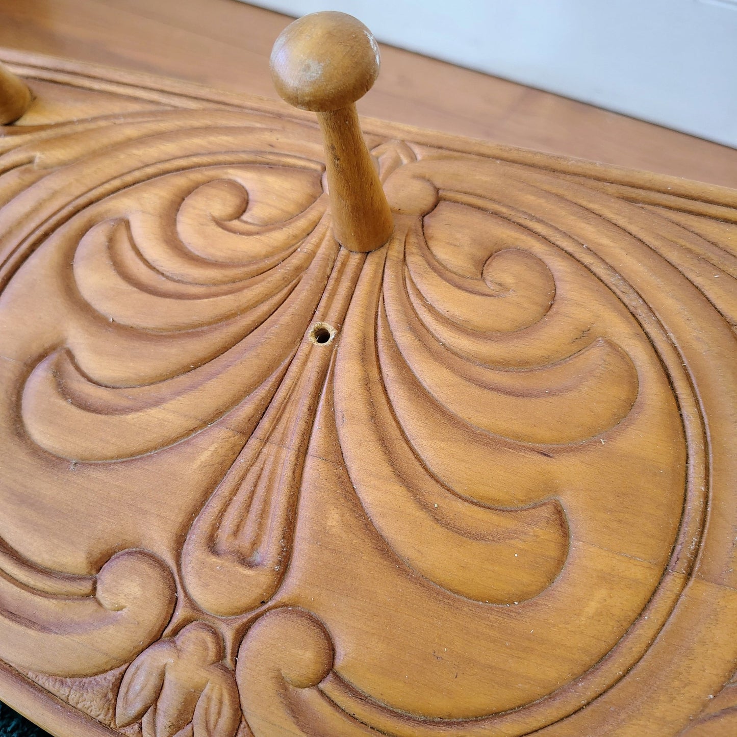 Vintage Carved Wood Wall Rack with Peg Hooks – Decorative Wall Accent - Loom Vintage