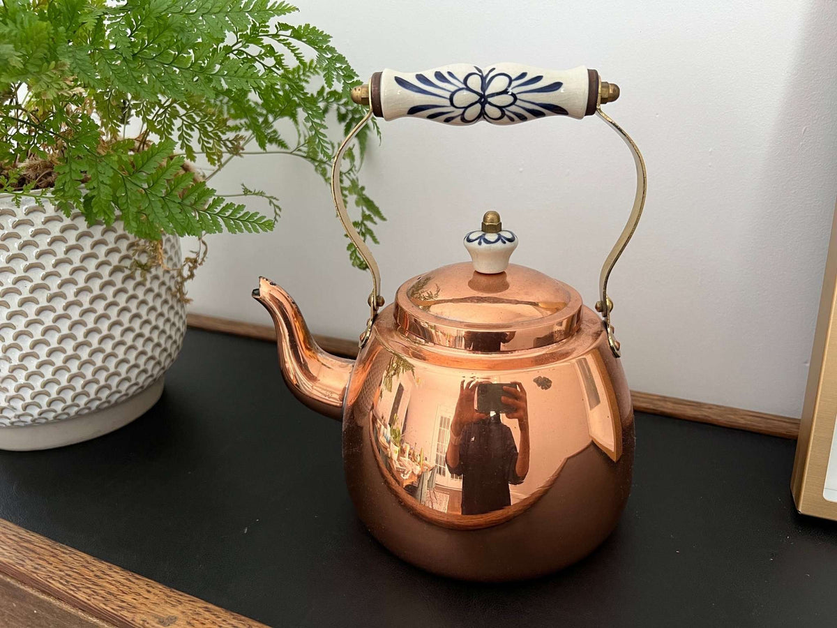 Vintage Copper Tea Kettle, Portugal Copper Teapot with Ceramic Details, Country Cottage Tea Kettle, Kitchen Coffee Pot - Loom Vintage