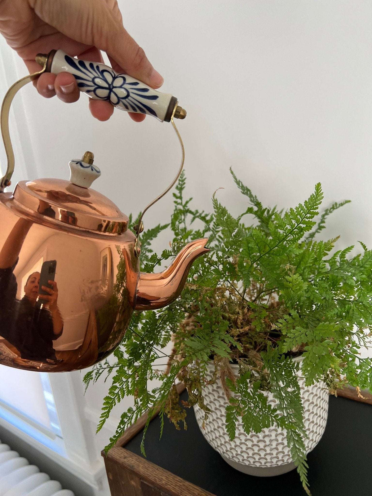 Vintage Copper Tea Kettle, Portugal Copper Teapot with Ceramic Details, Country Cottage Tea Kettle, Kitchen Coffee Pot - Loom Vintage