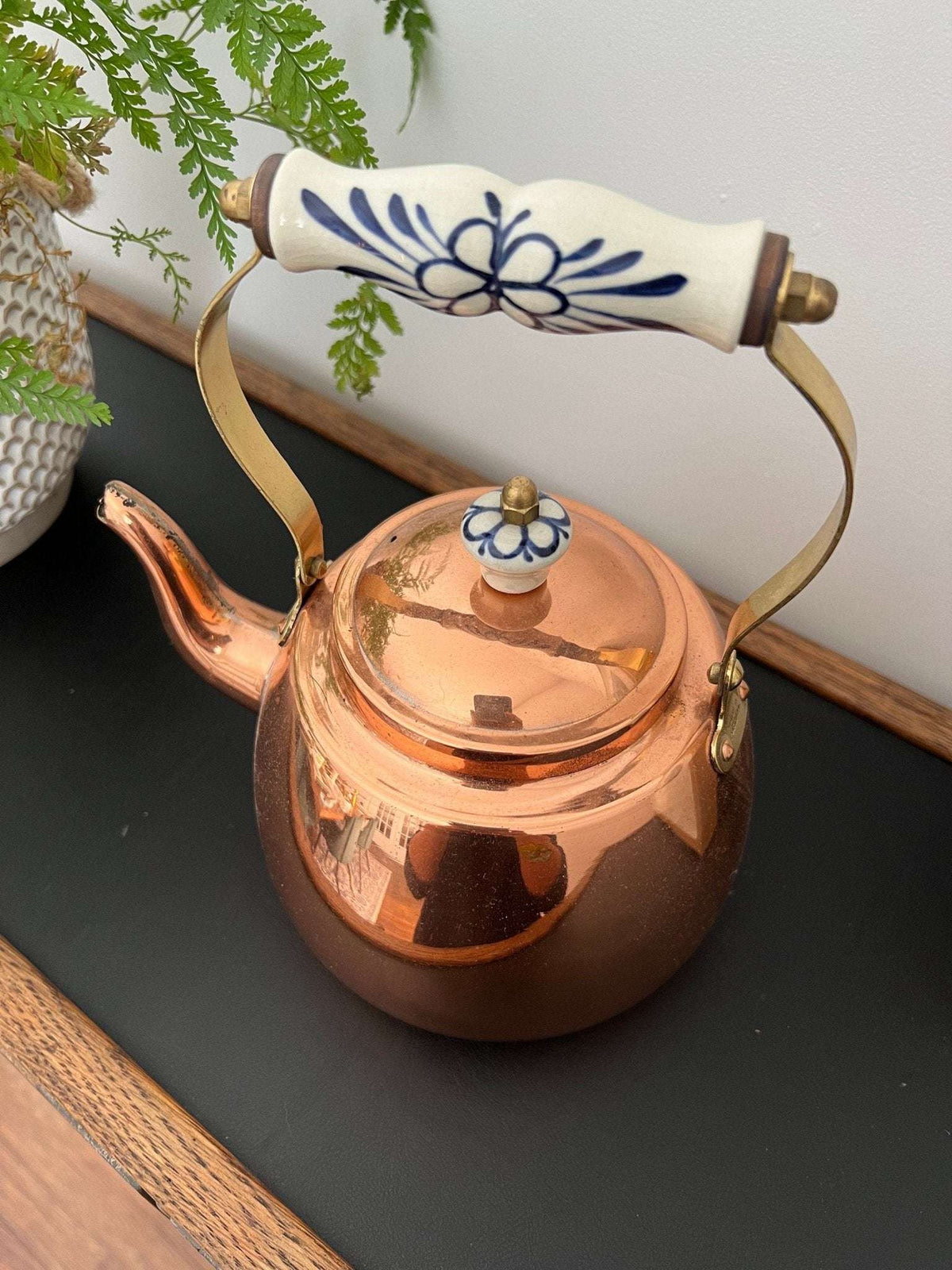 Vintage Copper Tea Kettle, Portugal Copper Teapot with Ceramic Details, Country Cottage Tea Kettle, Kitchen Coffee Pot - Loom Vintage