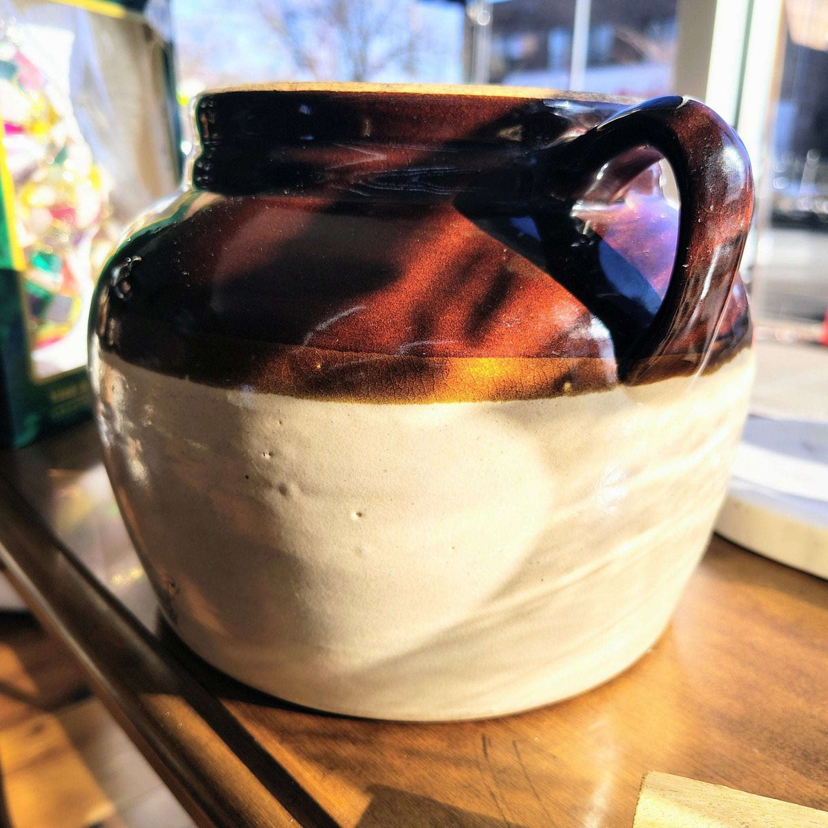 Vintage Crown Stoneware Two - Handle Crock – Brown Glaze & Salt Glaze, 10” x 7” - Loom Vintage