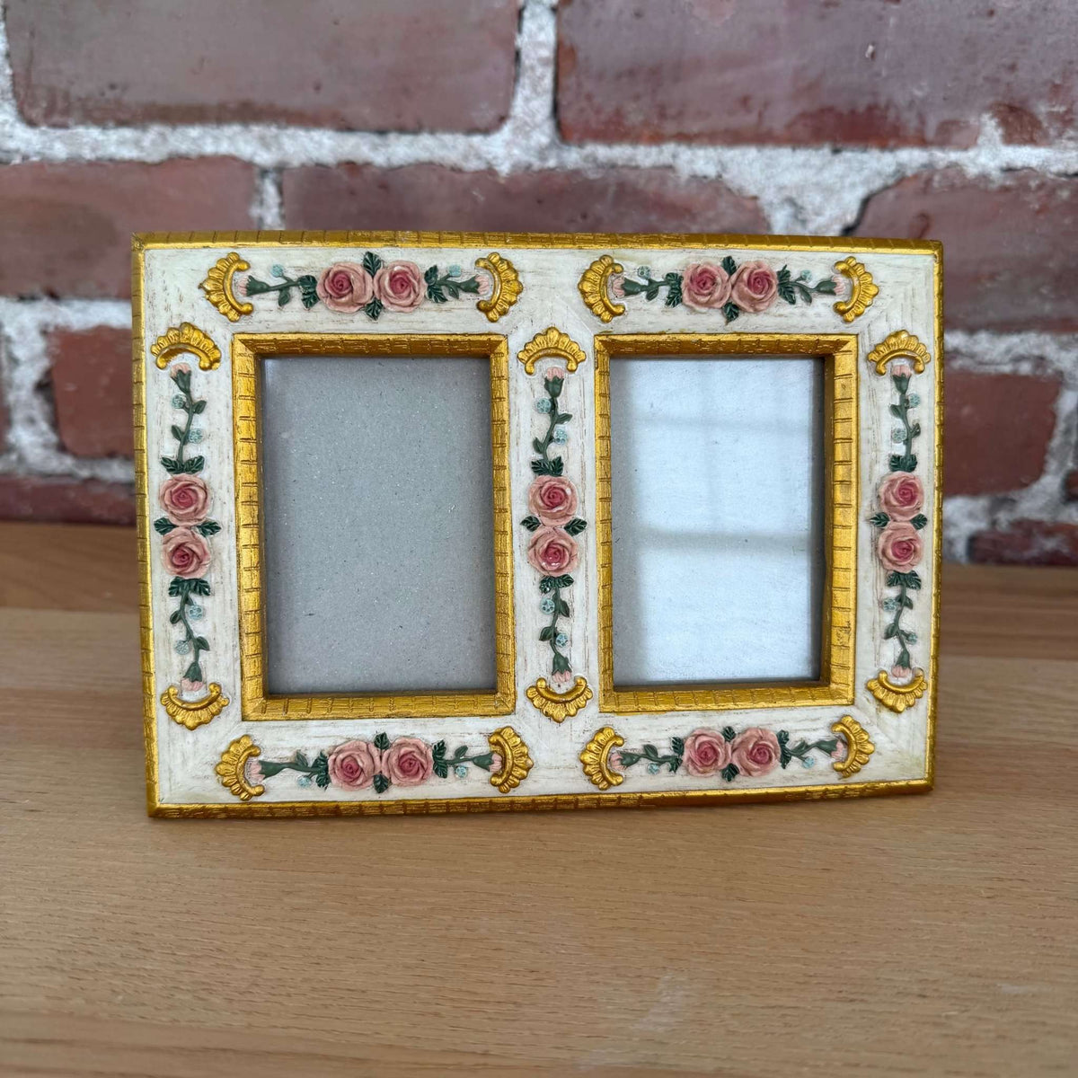 Vintage Double Photo Frame Floral Gold Gilt Roses 2x3 - Loom Vintage