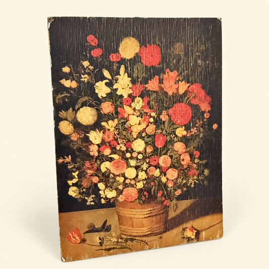 Angled view of small Flemish flower painting on wood panel, photo 2 of 4