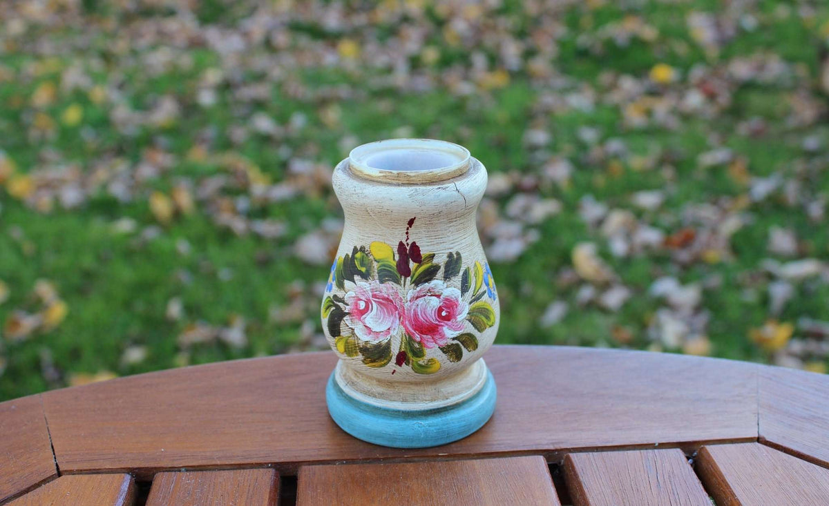 Vintage Floral Motif Wooden Candle Holder, Handmade, Country Farmhouse - Loom Vintage