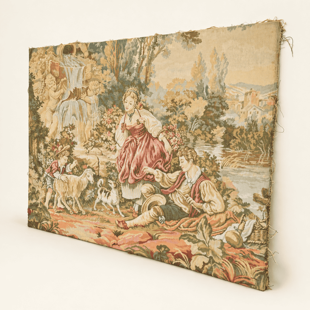 Vintage pastoral tapestry from the right, showing the river and hilltop village
