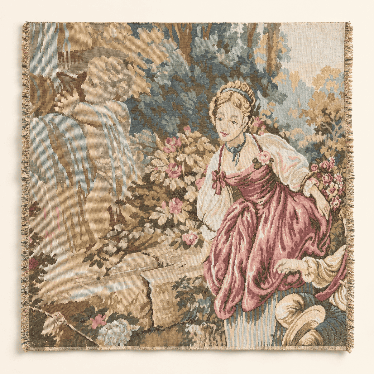 Close up of the shepherdess in a rose dress beside a cherub fountain on a woven tapestry