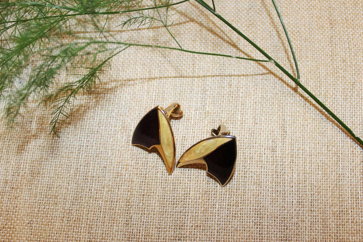 Vintage Gold, Beige& Burgundy Triangular Clip - on Earrings, Costume Earrings, 80s, 90s - Loom Vintage