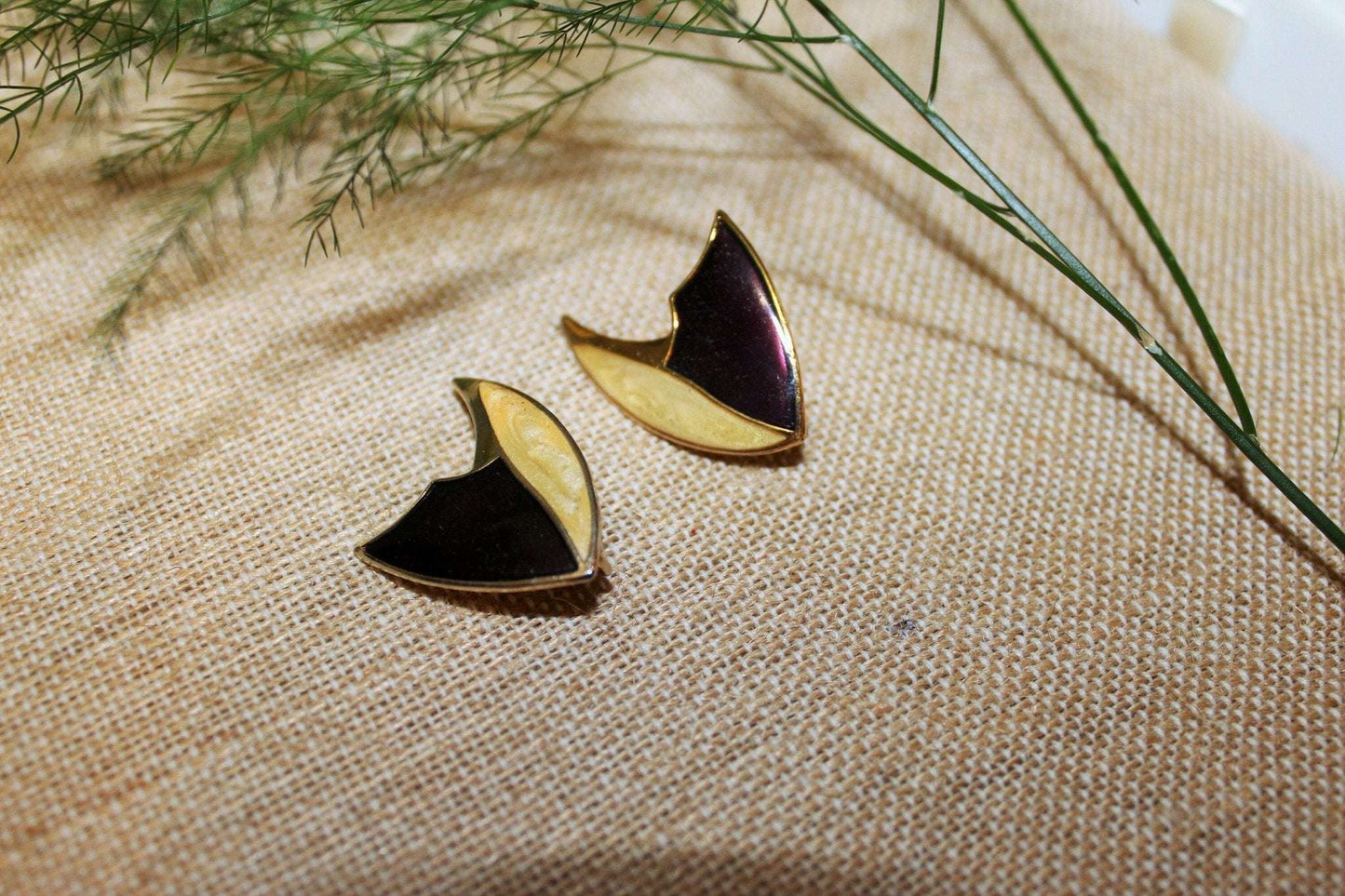 Vintage Gold, Beige& Burgundy Triangular Clip - on Earrings, Costume Earrings, 80s, 90s - Loom Vintage