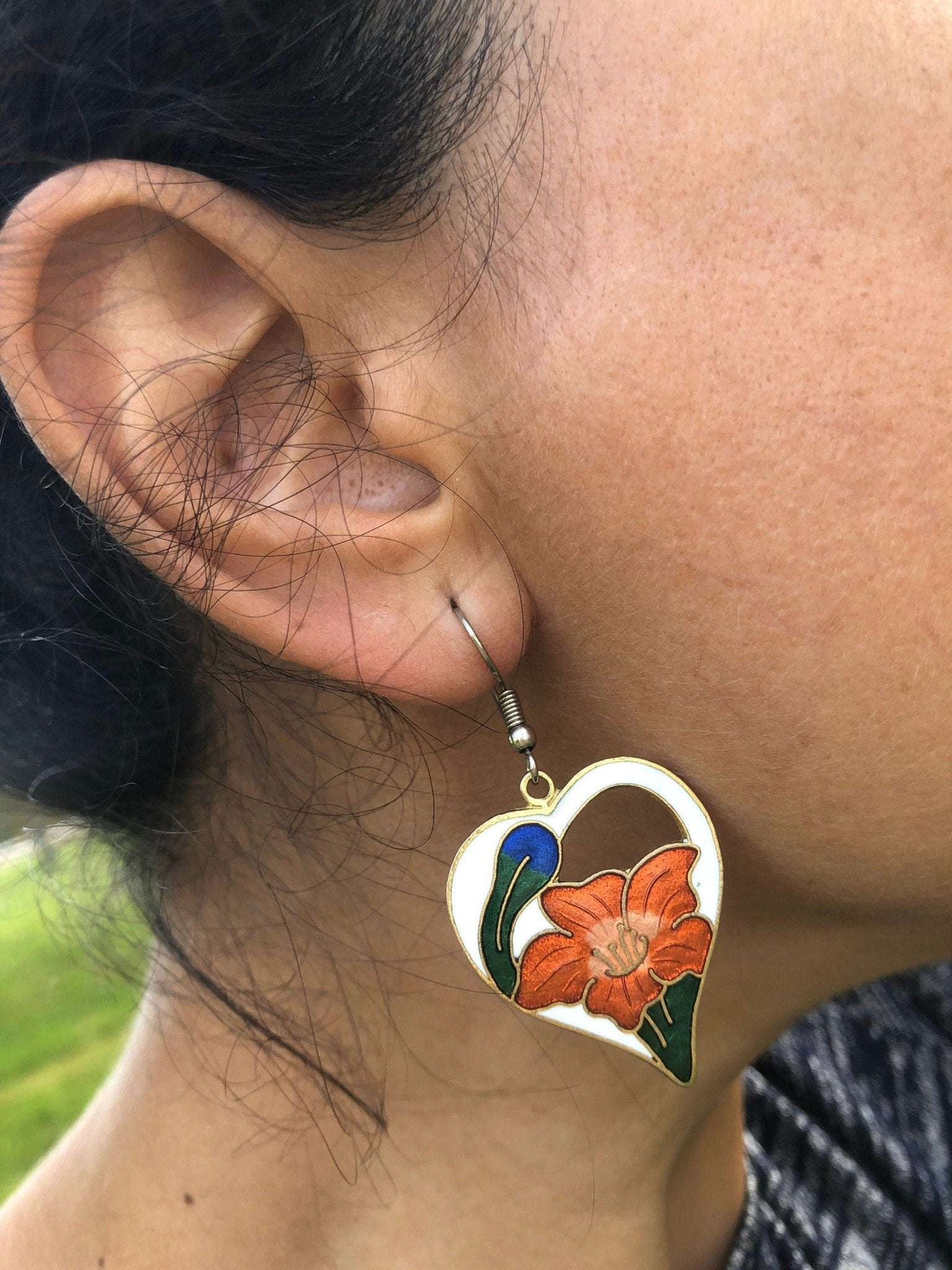 Vintage Gold Floral Enamel Drop Earrings - Loom Vintage