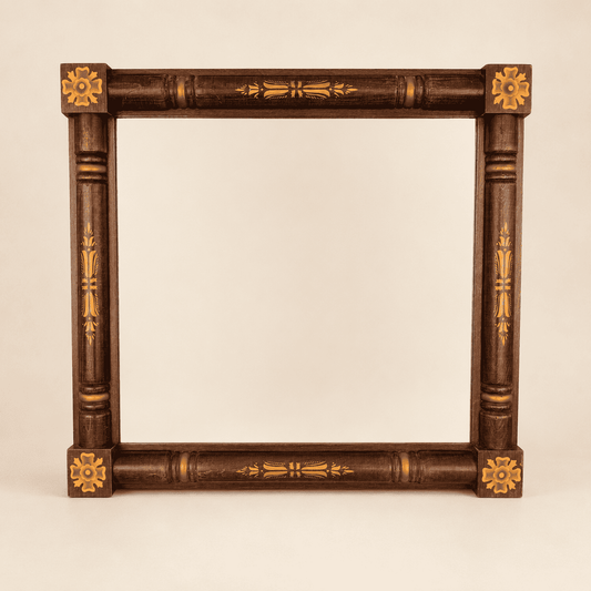 Vintage Hitchcock stenciled wall mirror with turned columns and gold rosettes, front view