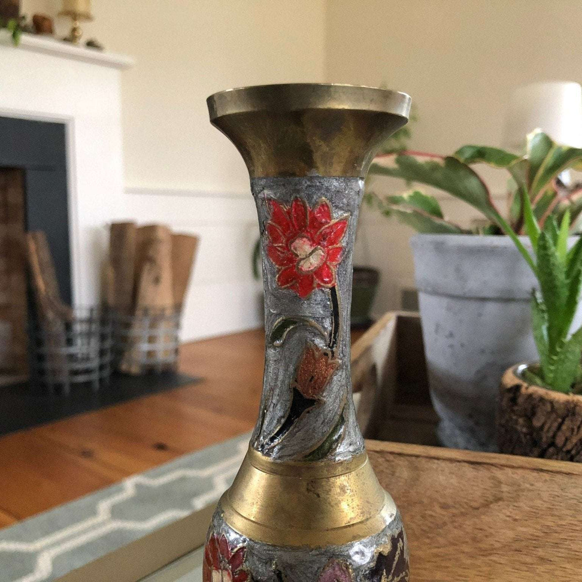 Vintage Indian etched brass bud vase with red floral enamel on silver gray, photo 4 of 10
