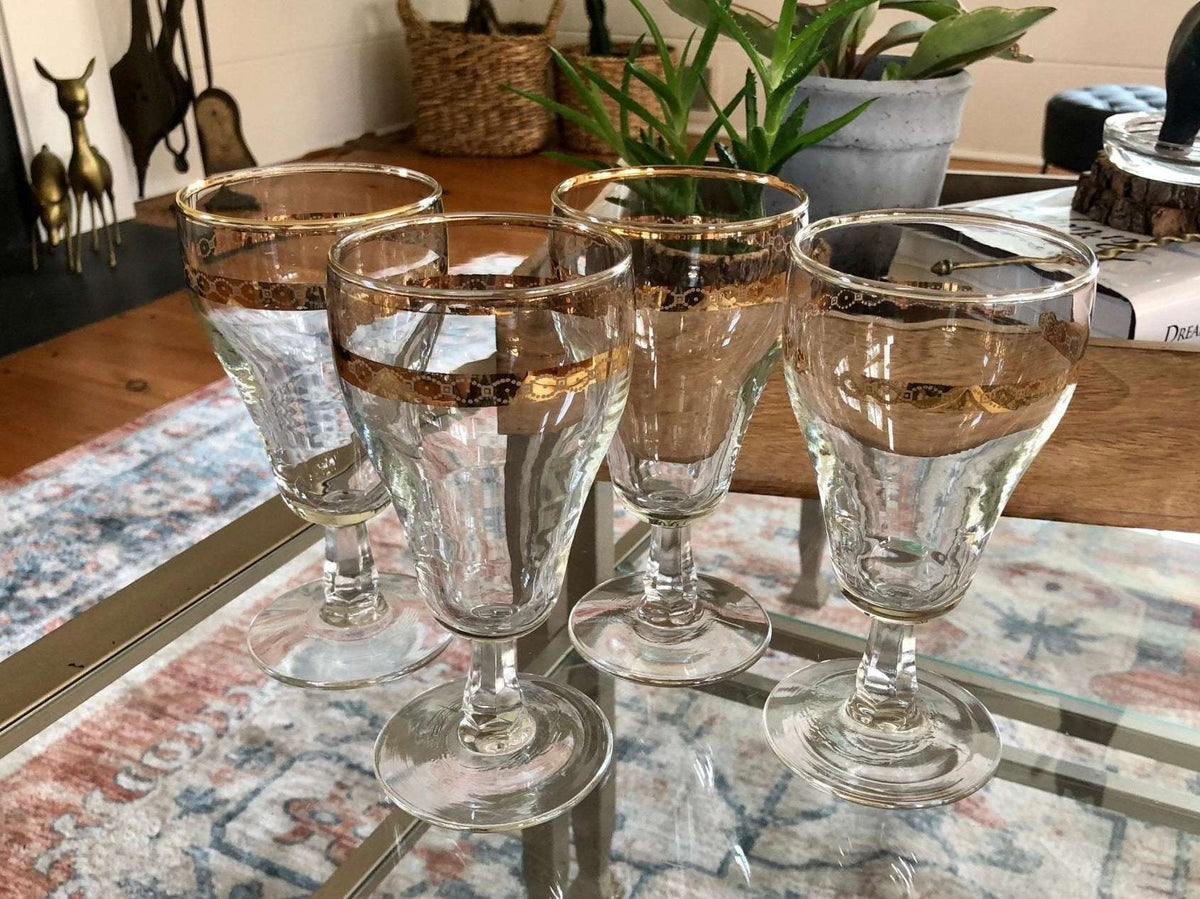 Vintage mid-century gold band wine glasses with white geometric pattern, set of 4, photo 1 of 10