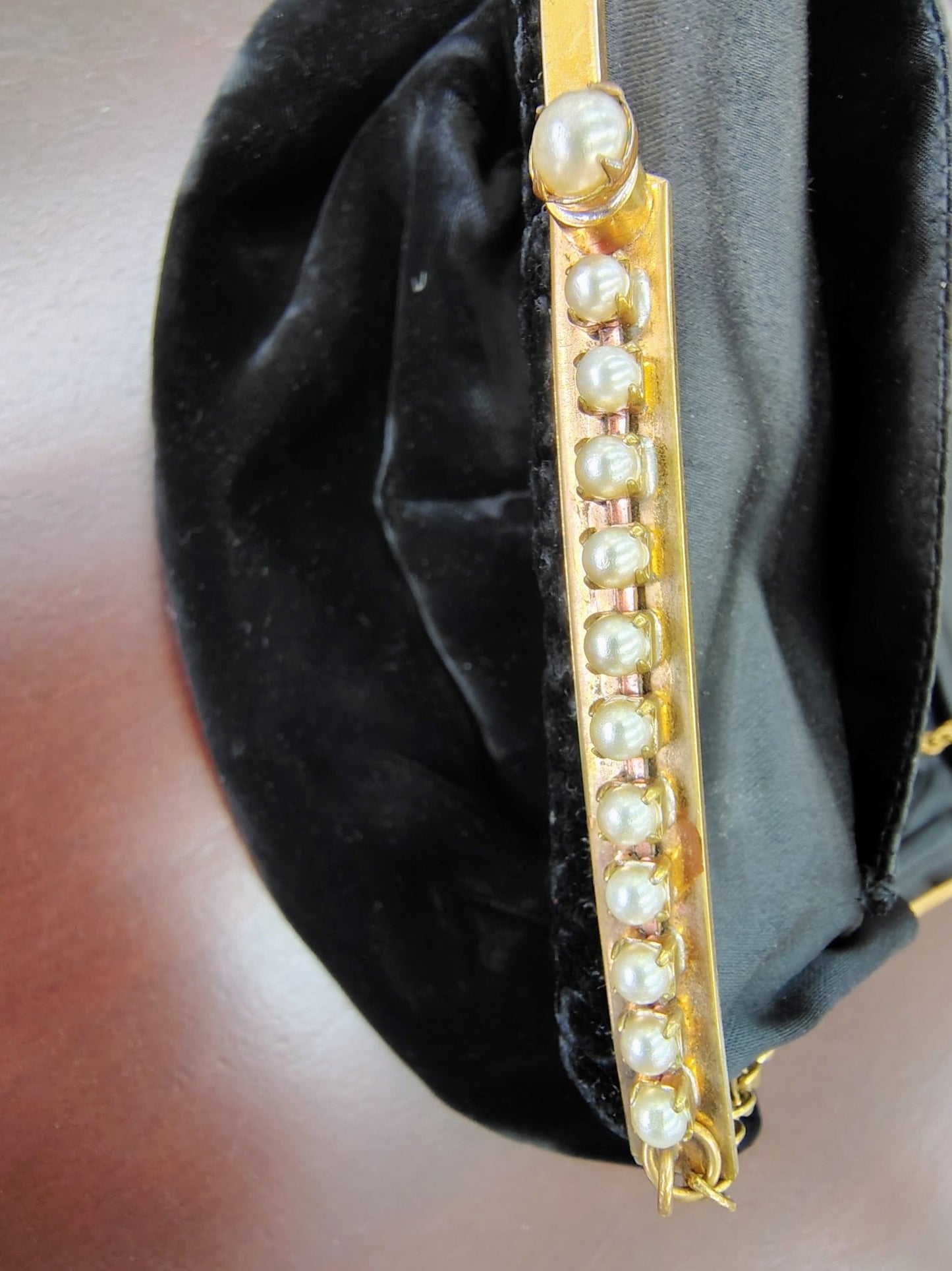 Vintage MM Black Velvet Evening Clutch with Pearl & Gold Frame - Loom Vintage