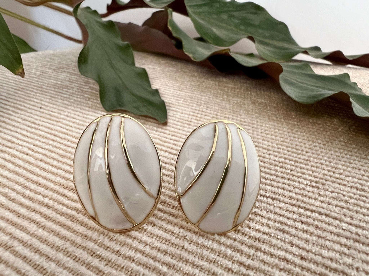 Vintage Mod White & Gold Geometric Earrings, Clip - on Costume Earrings, Fashion Jewelry - Loom Vintage