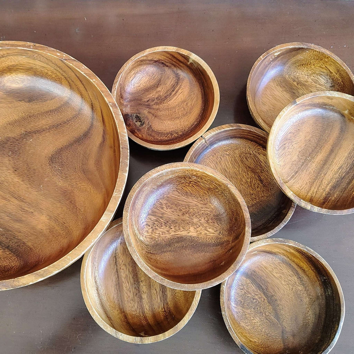 Vintage Monkey Pod Wood Salad Bowl Set with 7 Bowls Hand-Carved - Loom Vintage