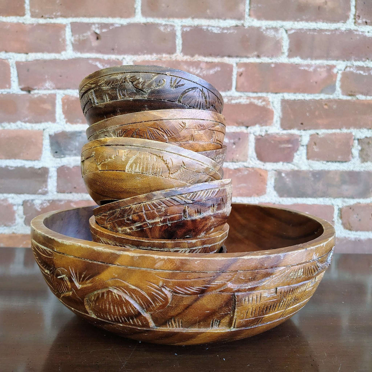 Vintage Monkey Pod Wood Salad Bowl Set with 7 Bowls Hand-Carved - Loom Vintage