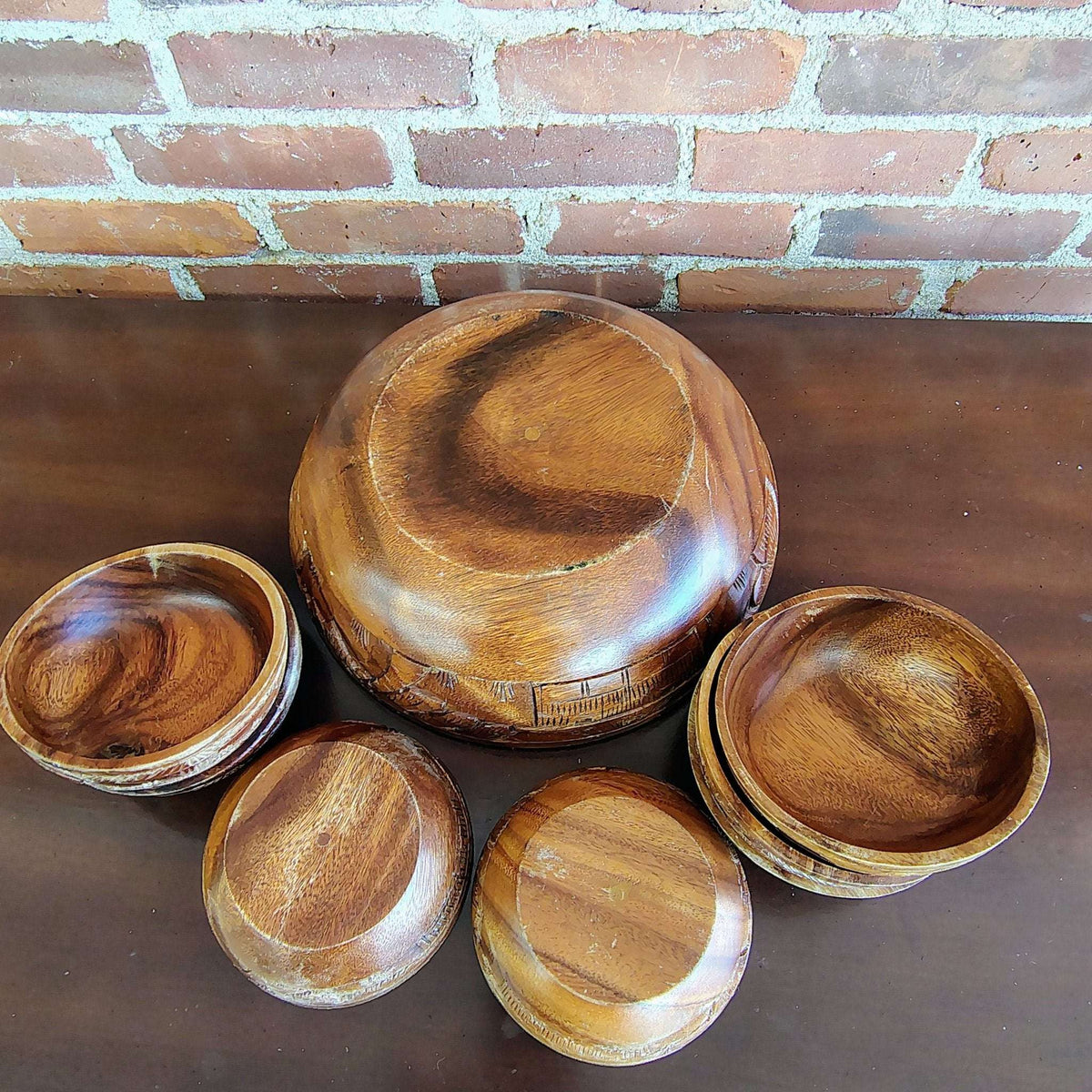 Vintage Monkey Pod Wood Salad Bowl Set with 7 Bowls Hand-Carved - Loom Vintage