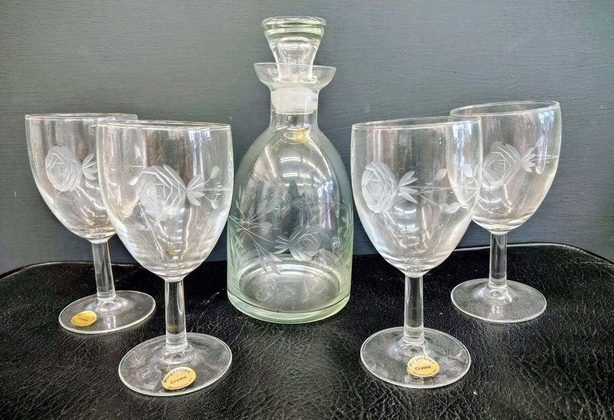 Vintage Morgantown Crystal port decanter set with 4 etched rose glasses, photo 1 of 9