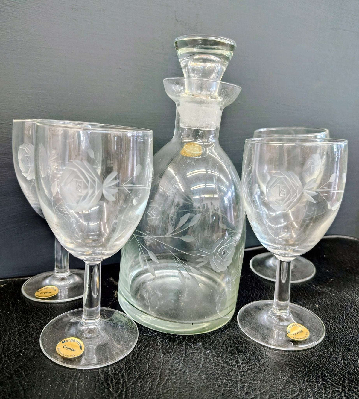 Vintage Morgantown Crystal port decanter set with 4 etched rose glasses, photo 2 of 9