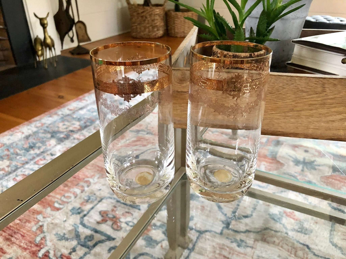 Vintage Pair of Bohemia Studio Design Water Glasses, Elegant Slovakia Glass, Intricate Gold Garland Band Design, Barware - Loom Vintage