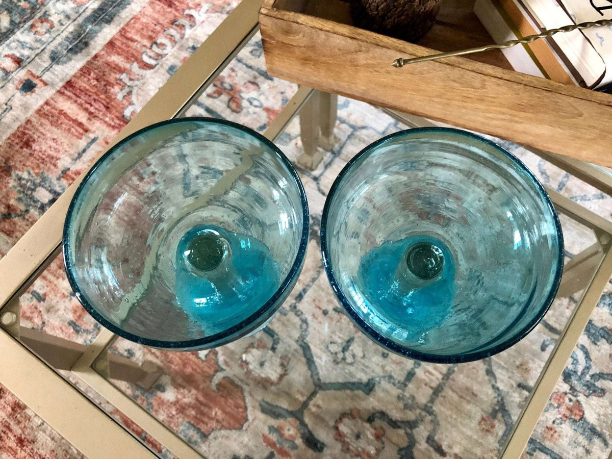 Vintage Pair of Mexican Hand Blown Aqua Blue Margarita Glasses, Bubble Glass, Hand Made - Loom Vintage