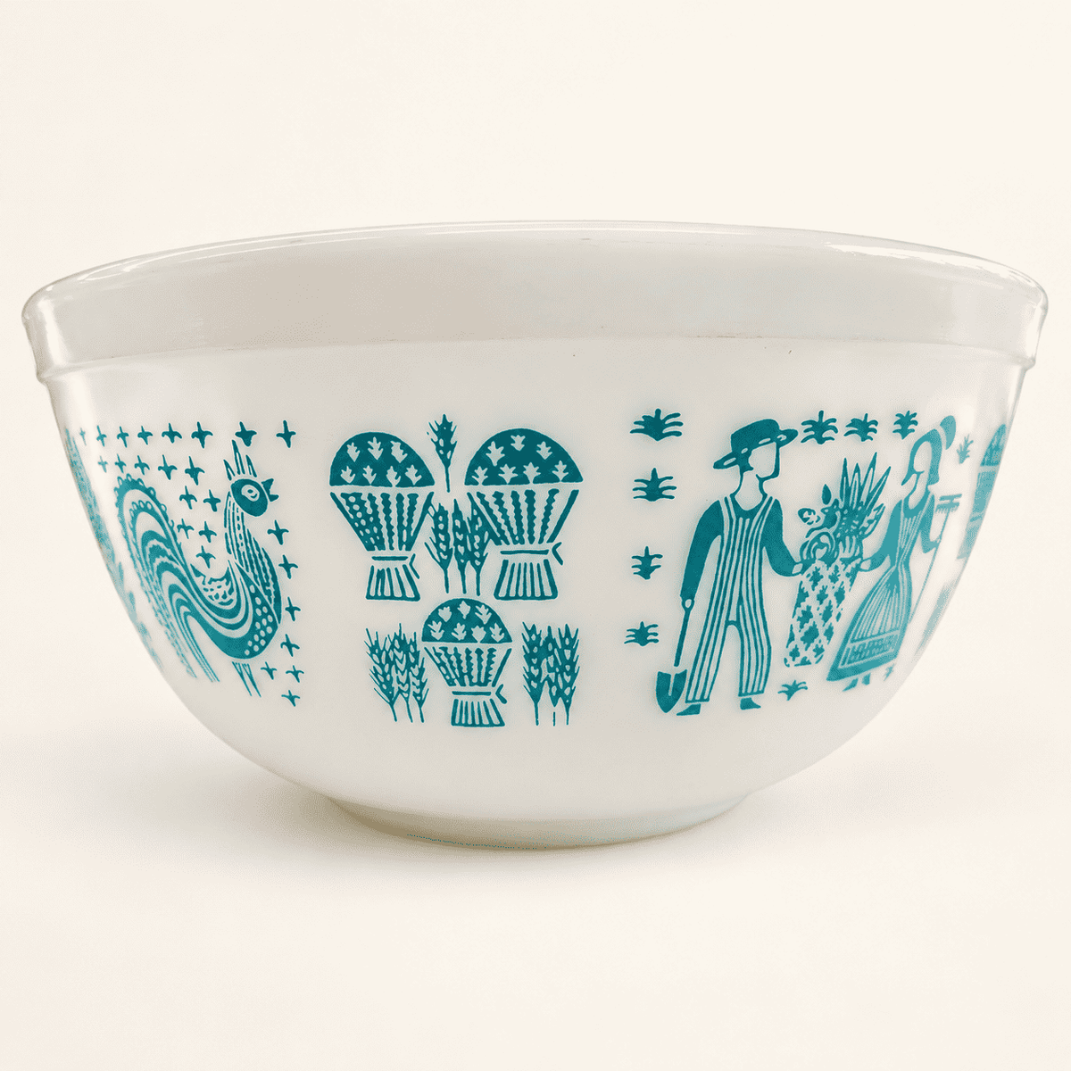 Pyrex Butterprint mixing bowl with rooster, wheat sheaves and farm couple in turquoise