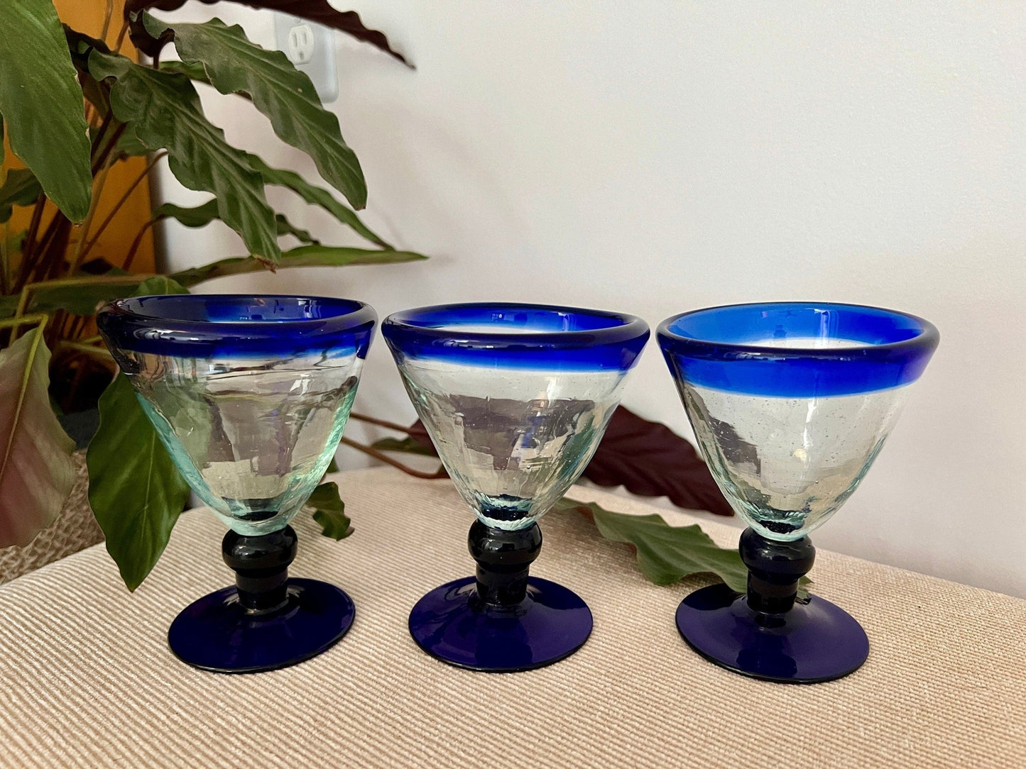 Vintage Set of 3 Mexican Hand Blown Blue - Rimmed Martini Glasses, Margarita Glasses, Short Stem Barware - Loom Vintage
