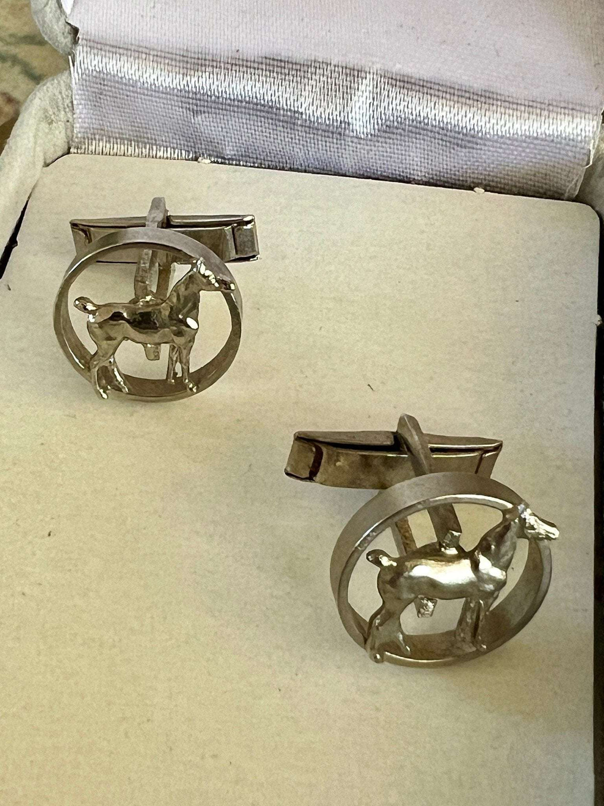Vintage Silver Horse Cufflinks — Standing Horse in Circle, 5/8", Men's Equestrian Jewelry - Loom Vintage