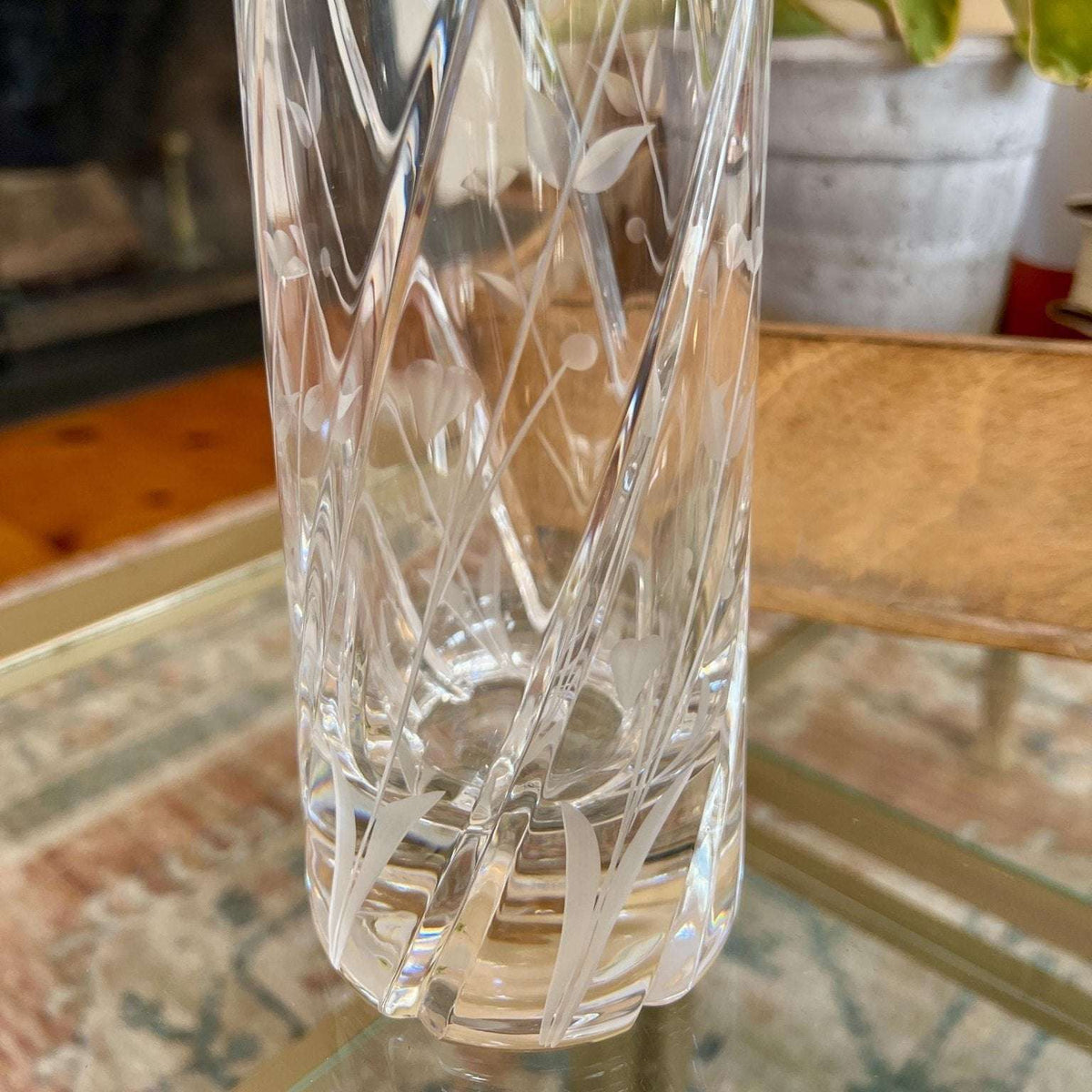 Vintage tall cut crystal decanter with swirl cuts and etched wildflowers, photo 7 of 10