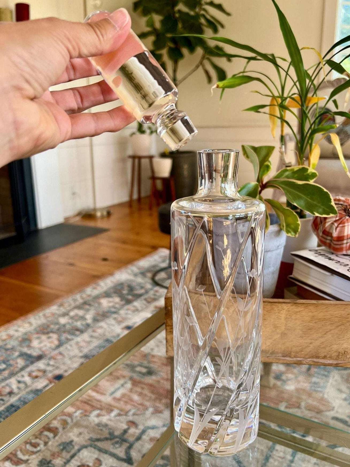 Vintage tall cut crystal decanter with swirl cuts and etched wildflowers, photo 8 of 10
