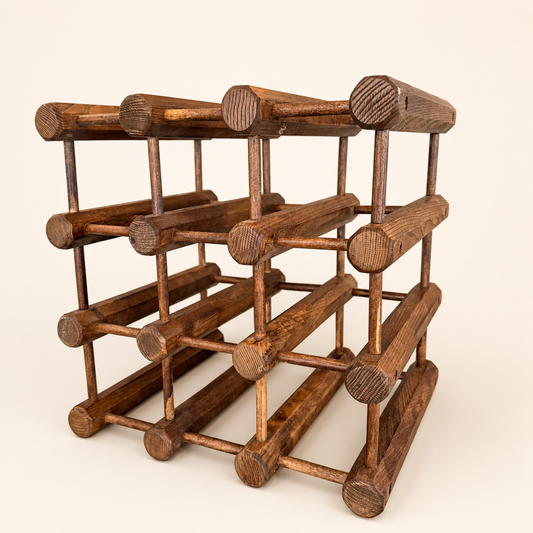 Angled view of rustic wood wine rack showing octagonal rails