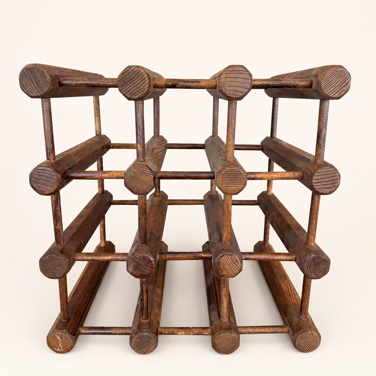 Back view of vintage dowel wine rack