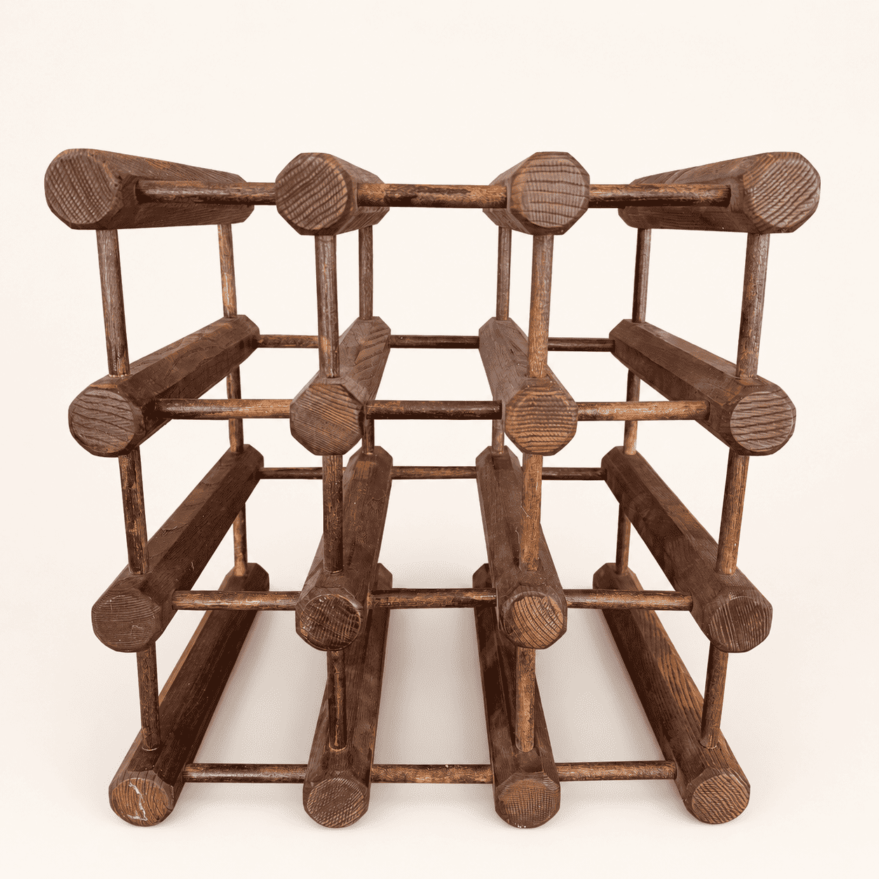 Back view of vintage dowel wine rack