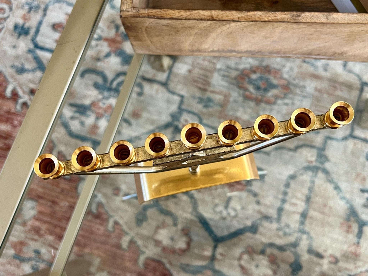 Vtg Mid Century kar shi Judaica Brass Menorah, Silver and Gold Plated, Footed Jewish Candle Holder, Jerusalem - Loom Vintage