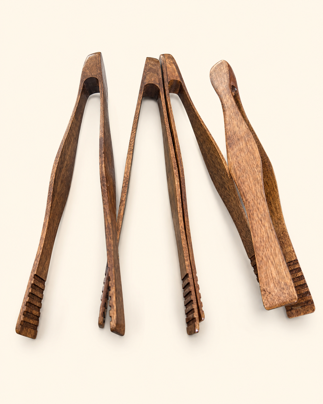 Vintage Hand-Carved Wood Serving Tongs, Set of 4