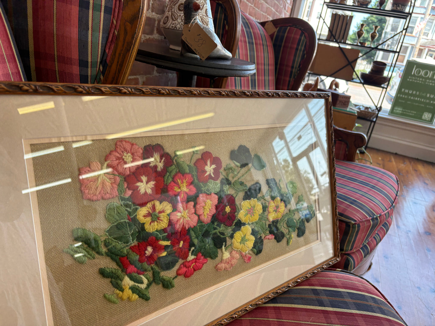 Mid-Century Framed Floral Embroidery – Vibrant Nasturtium Needlework Art